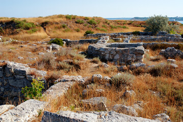 Ancient Stone Ruins in a Scenic Grassland Landscape..