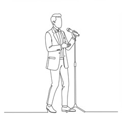 Fototapeta premium A performer wearing suit and bow tie stands at microphone stand, gesturing with his hand while singing during an elegant performance, drawn in black white.