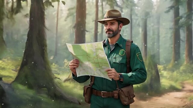 Forest Ranger Checking a Map in the Woods