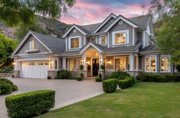 A beautiful home in the Inland Valley area of California, with a three-car garage and a large lawn, with a view of the San Andreas Mountains