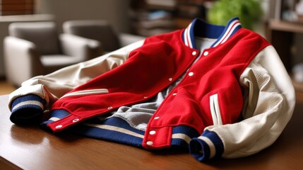 Classic red varsity jacket on wooden table in cozy room setting