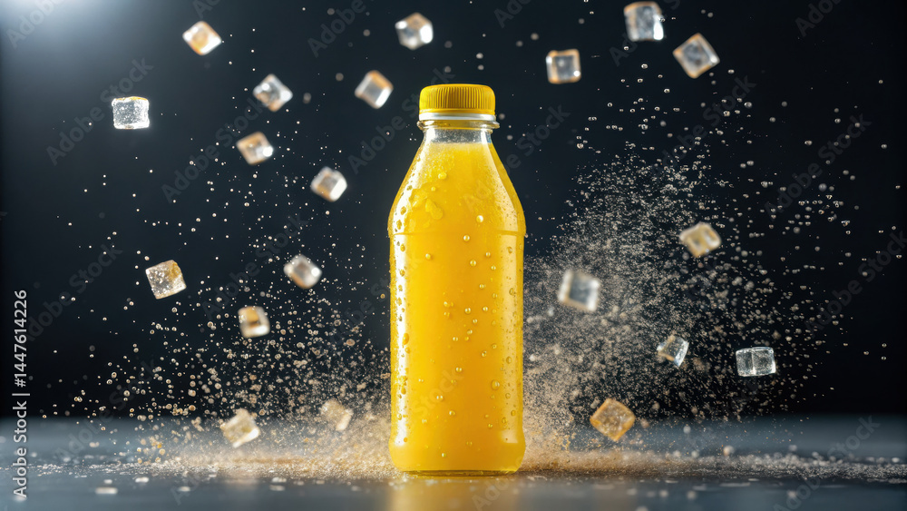 Poster yellow fizzy drink bottle with sparkling bubbles and ice cubes floating in motion, refreshing bevera