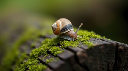 Macro photograph featuring a snail gracefully traversing a moss-covered, weathered wooden surface