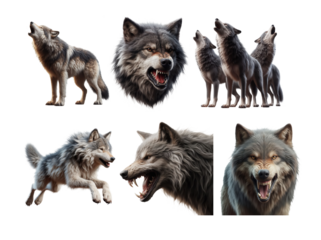 Wolves in varied poses snarling howling