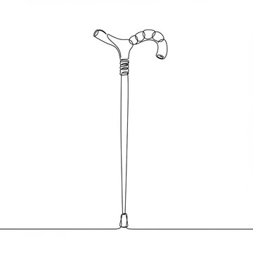 A delicate single line drawing presents unique walking cane with an ergonomic handle, showcasing blend of support and artistic flair on plain backdrop.