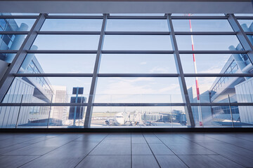 Modern airport terminal with large glass windows overlooking parked airplanes.