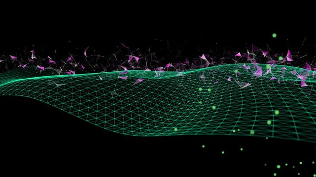 Futuristic background wavy grid quantum computing with poligons broken data . Big data. Digital technology concept research lost bytes in ciberspace.