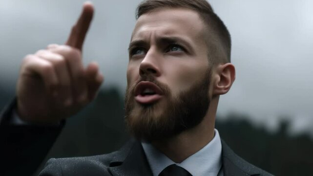 Business Professional in Focus: A close-up shot of a distinguished business professional, his gaze directed upwards with a determined expression and raised hand, symbolizing leadership and direction.