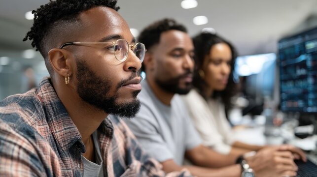 Focused young african adults working on computers in modern office setting