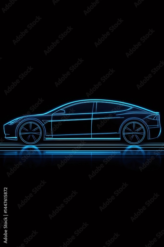 Poster 暗闇の中で輝く青色の光で描かれた未来的な車のシルエットデザイン