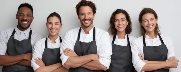 Diverse group of chefs in aprons smiling confidently at camera