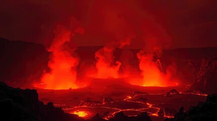 Three fiery volcano craters spew hot lava into a surreal and intensely red, hellish landscape with