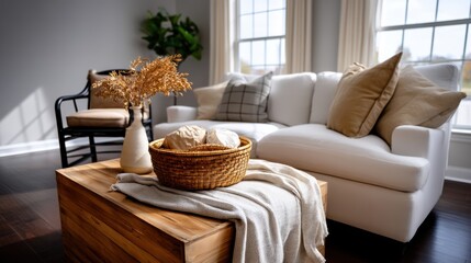 Cozy modern living room with white sofa and natural decor accents