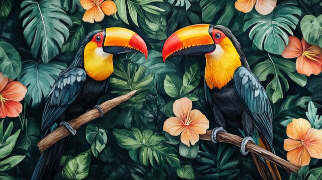 Two Colorful Birds Perched Together on a Branch Surrounded by Lush Green Foliage in Nature Setting