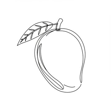 A simple continuous line drawing showcases ripe mango with its stem and leaf, creating minimalist yet elegant composition on white background.