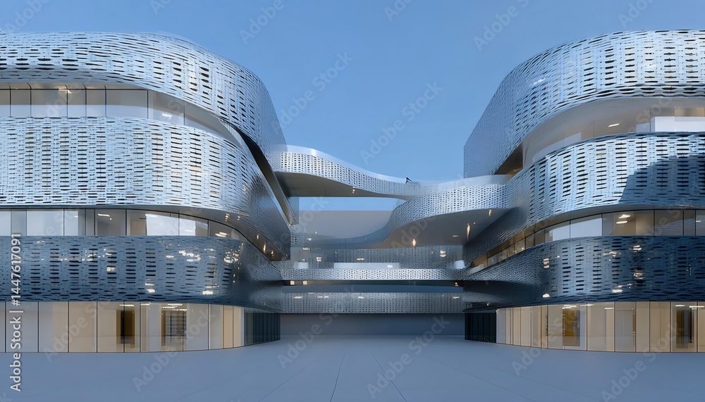 Aufkleber 銀色の金属製ファサードを持つ近代建築の昼間の風景 青い空を背景に輝く光と幾何学的なデザイン 都市部の屋外シーン