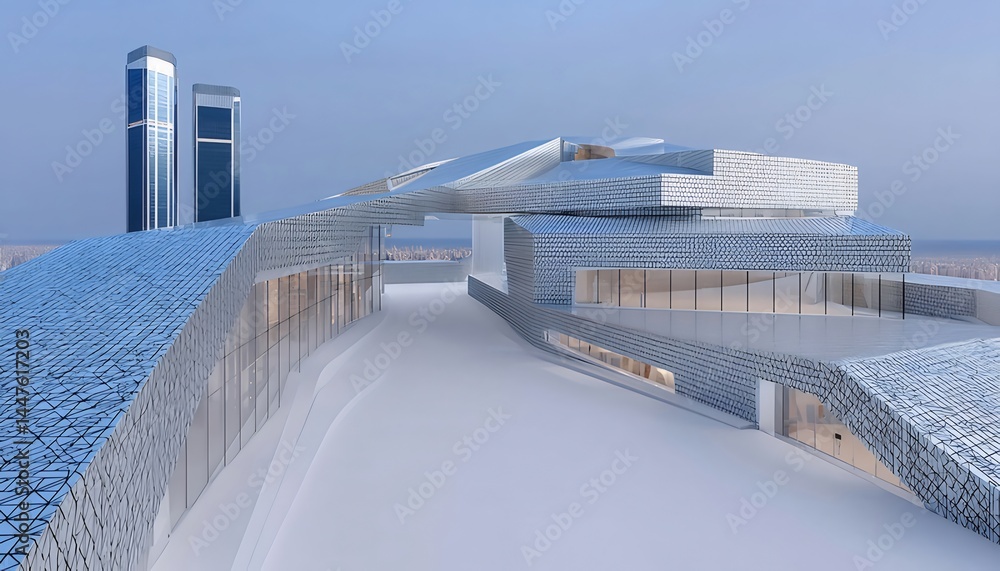 Poster 未来的な白い建造物の屋上ビュー 都市のスカイラインを背景に青い空と太陽光