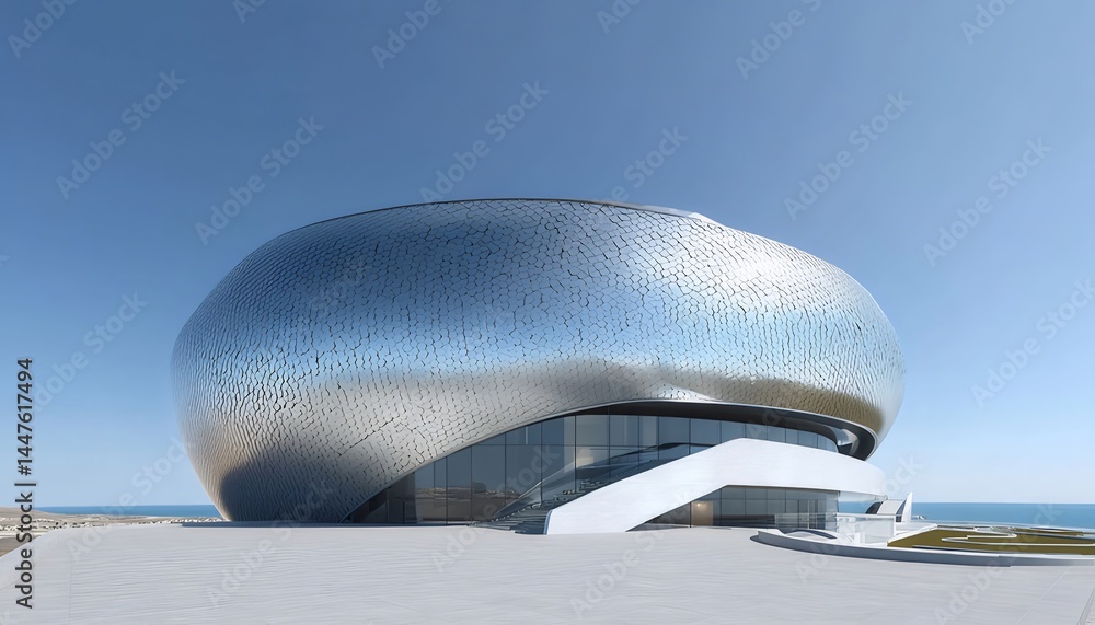 Aufkleber 球状メタリック構造の未来的な建物 晴れた日の青空 背景に海岸線の建築デザイン