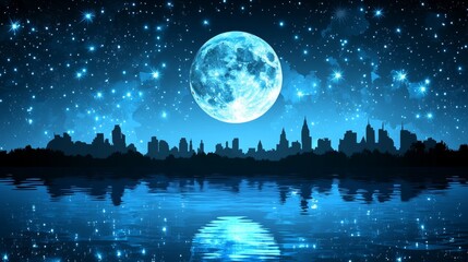 Blue Moon Over Futuristic Cityscape Conceptual Picture Of Smart Urban Living With IoT And AI.