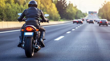 Motorcyclist in black leather gear riding on a multi-lane highway during daylight, surrounded by traffic and framed by trees on a smooth asphalt road. The beginning of the motorcycle season.