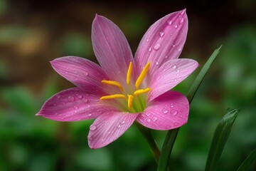 Pink Rain Lily Flower with Raindrops Close-up