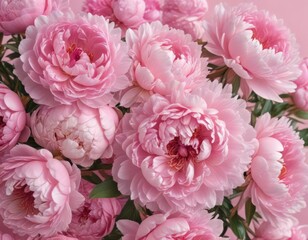Fototapeta premium Tightly packed pink peonies, gentle pink background Delicate petals , peonies, pink