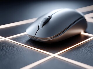A sleek, chrome mouse rests on a grid of glowing lines - functionality electronic office click innovation