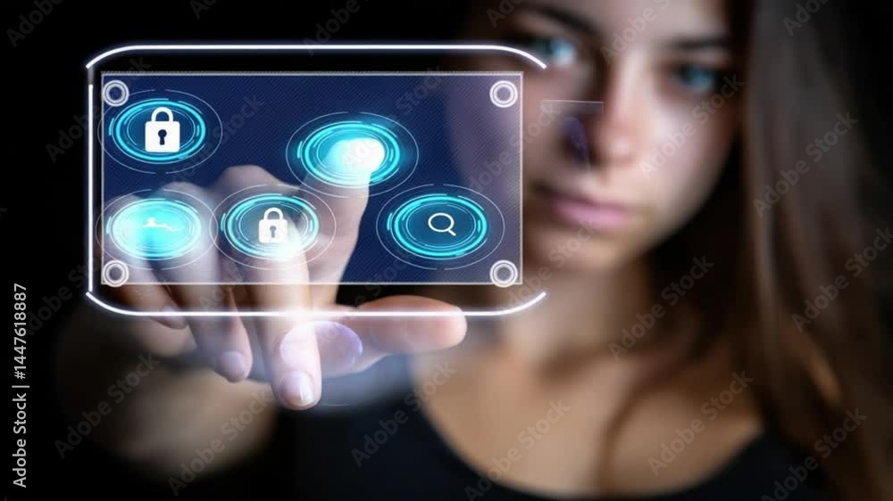 Aufkleber digital interface security: a woman's hand interacts with a holographic digital interface, spotlight