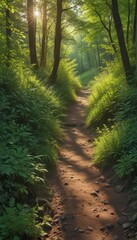 Sun-dappled fork in wooded trail, lush undergrowth, leaves, landscape