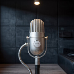 Photo: Sleek silver microphone on dark gray backdrop. Volume knob, button, adjustable arm, oval base. Spotlight highlights professional, modern design.
