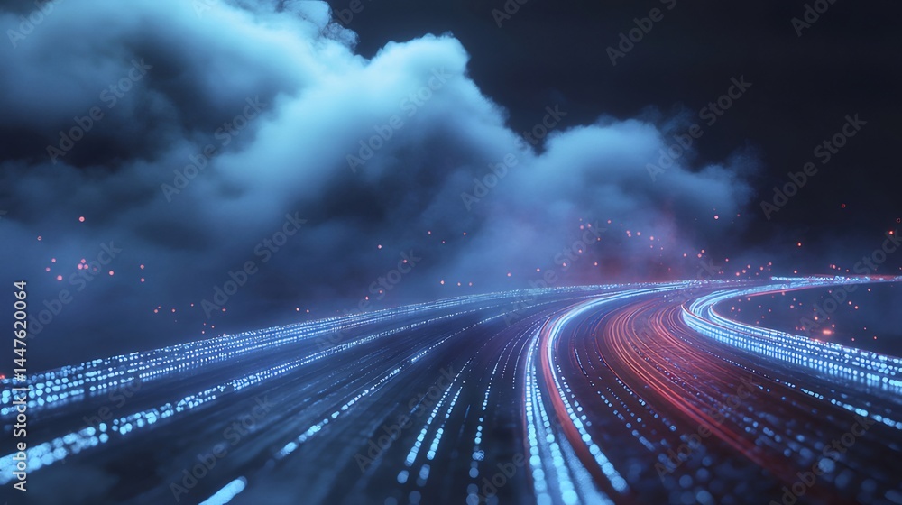 Poster 夜空の下 抽象的な光の線が流れる未来的な高速道路 雲と青と赤のライトが特徴のデジタルアート