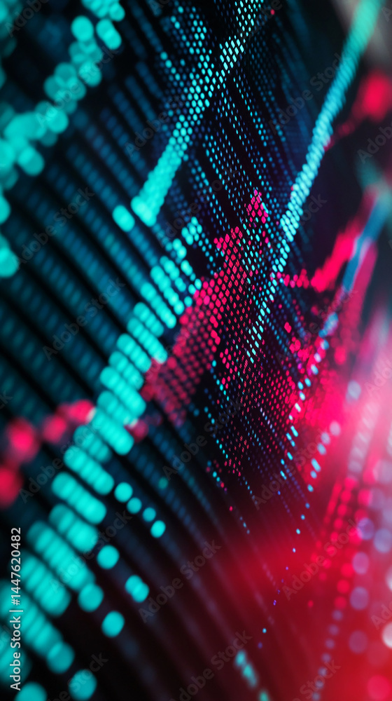 Poster abstract image of glowing teal and red digital data points, creating a dynamic and energetic visual.