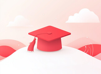Modern vector illustration of a red graduation cap with tassel on a soft abstract background. Perfect for education platforms, graduation announcements, academic presentations