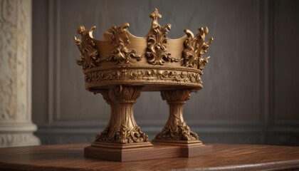 Fototapeta premium Ornate golden crown atop antique pedestal, rich wood grain visible , symbol, metal, detail