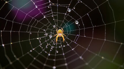 A small orange spider sits centered in its meticulously crafted dew-kissed web, a striking and