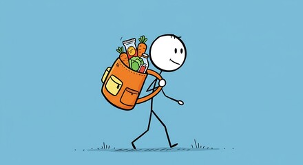 Fototapeta premium Stick Figure Carrying Groceries in Backpack