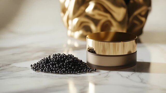 Elegant black skincare pearls spill from a gold-capped container onto a polished white marble surface, accompanied by a matching closed jar. The image conveys sophistication, premium beauty products