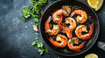 Delicious grilled shrimp sizzling in cast iron pan with parsley garnish sea red top food meal dark