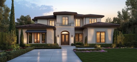 A stunning ultra-realistic 3D architectural rendering of a Mediterranean-style residence at sunset. This luxury home features a stone façade, terracotta roof tiles