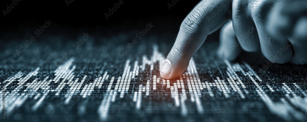 Poster finger touching digital waveform display of financial data analysis