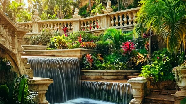 Lush fantasy installation inspired by Hanging Gardens of Semiramis with marble terraces, tropical plants and cascading waterfalls. 4K video