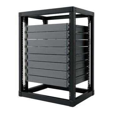 Network server rack completely filled with electronic units, crucial for modern data storage and processing operations.