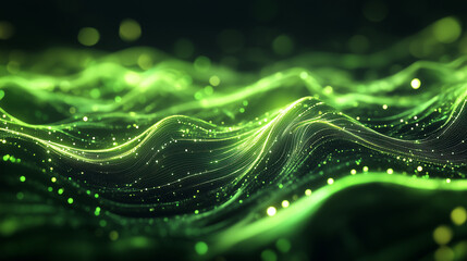 Futuristic digital illustration featuring a vibrant green neural network pattern resembling flowing waves made of light and data. The glowing strands and scattered particles create a sense of motion