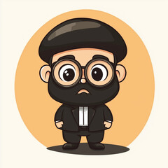 Adorable chibi-style illustration of a serious-looking man with a black beard, oversized round glasses, and a beret. Dressed in a black suit and white shirt