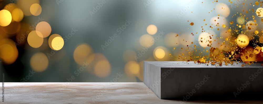 Poster abstract bokeh lights with floating golden particles on concrete surface