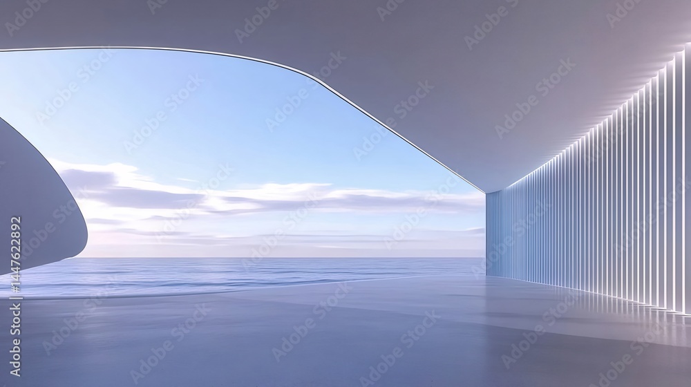 Aufkleber 現代建築のビーチビュー 青い空と海の光景 幾何学的なデザインとクリーンな空間