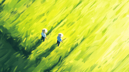 Peaceful and minimalistic digital painting showing two Chinese farmers with traditional conical hats walking through vibrant green-yellow rice fields from a top-down perspective.