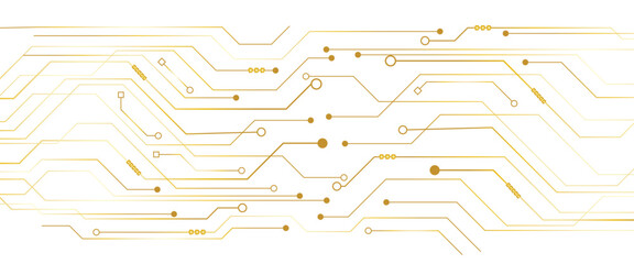A golden background with golden circuit board lines,  golden dots and yellow chips 