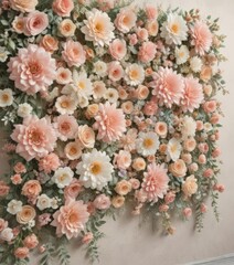 Pastel artificial flower wall, vintage floral design, lace accents, wallpaper background , shabby chic, artificial flowers