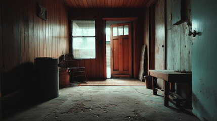 Fototapeta premium Rustic Mudroom With Open Door and Vintage Decor